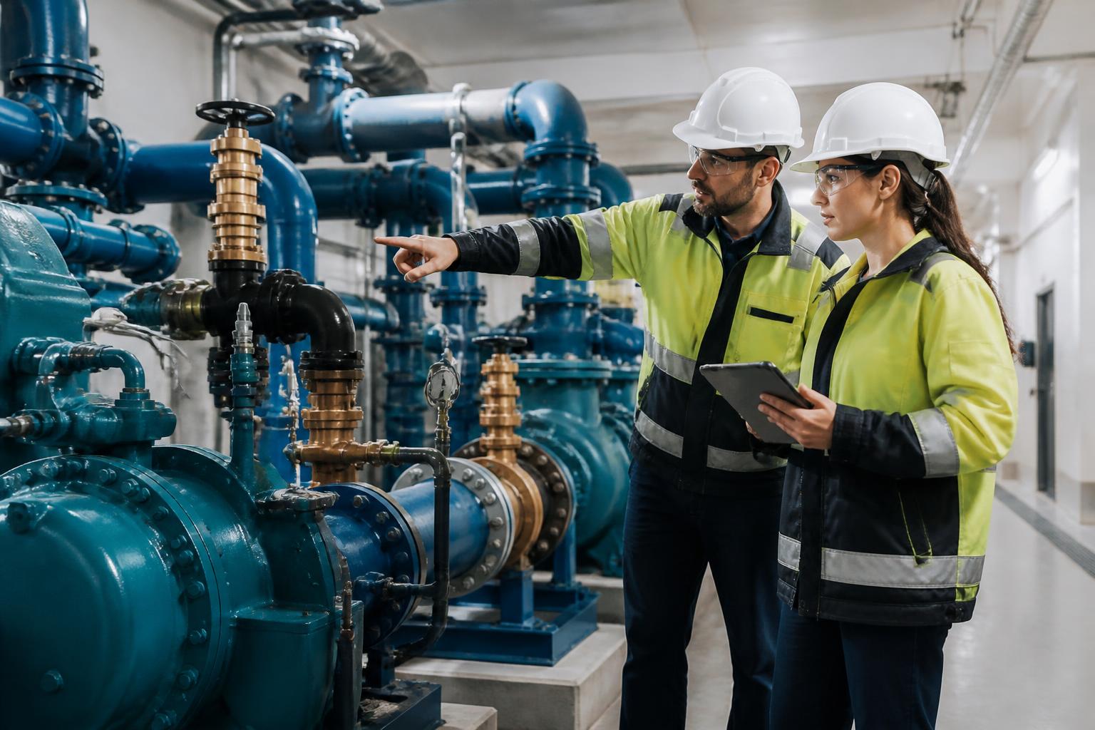 Utility professionals inspecting municipal pumping equipment